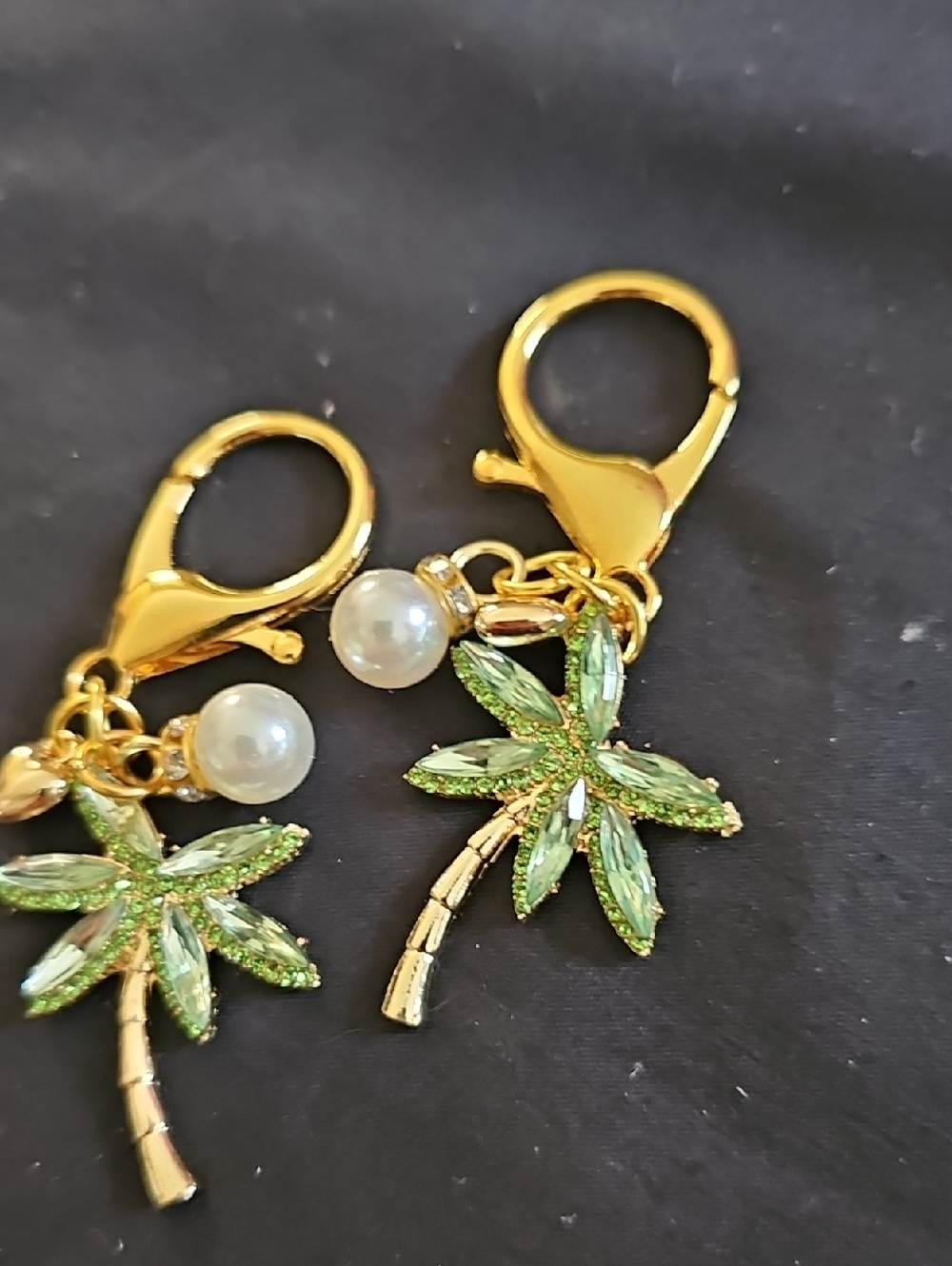Gold-Plated Palm Tree Bag Charm  with Green Crystals and Pearl Accent